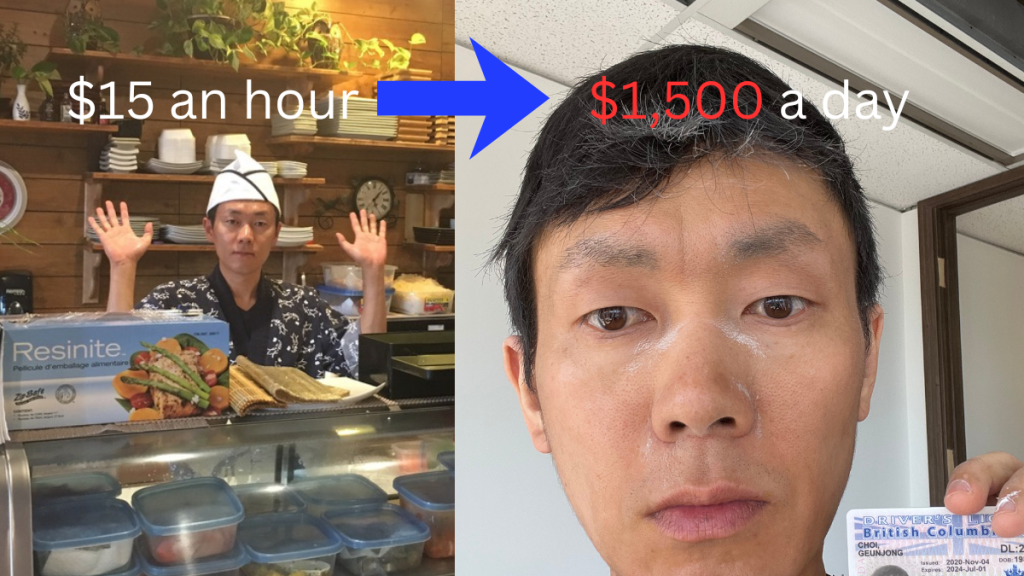 “Before-and-after journey of an interior film installer: from a $15/hour sushi cook in Vancouver to earning $1,500 a day installing LX Interior Film and Hyundae Bodaq interior film, before a severe skin condition forced a return to Korea. Used in a story about interior film installation, training, and wholesale demand in Canada and Korea.”